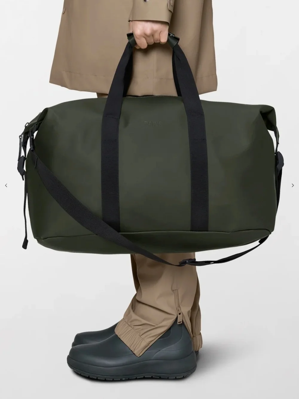 Rains Olive Green Duffel Bag with Black Straps